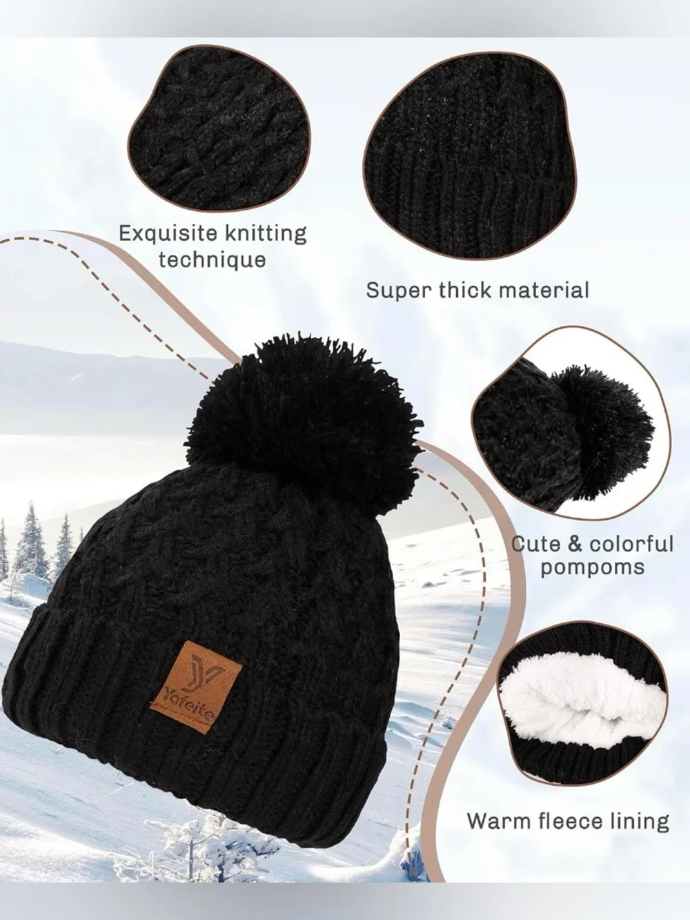 Kids Pom Cable-Knit Beanie Hat - Cream & Black (2)